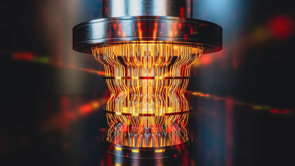 Futuristic, glowing quantum computer unit (3D render)