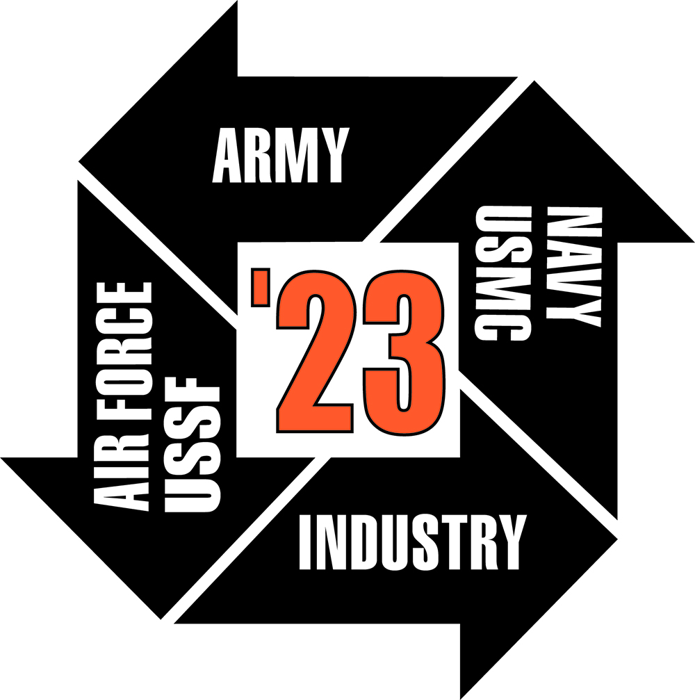 I/ITSEC logo that includes names of most branches of military and the word, "industry" and the year of the conference, "'23"