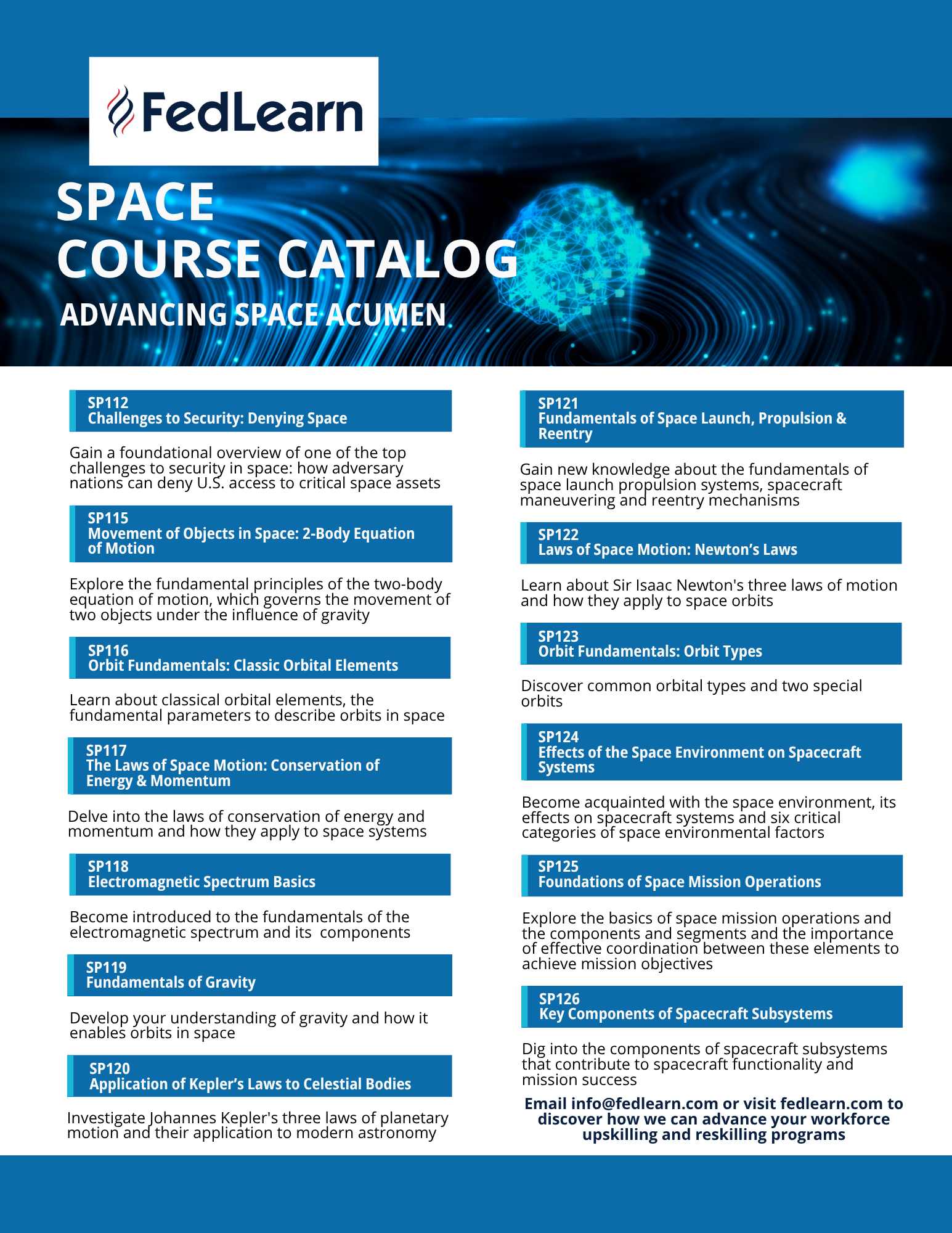 Space Course Catalog 2025 Image of first page of the FedLearn space course catalog (course listings)