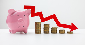 Sad piggy bank. Red down arrow. Stack of gold coins, steps down. Money loss concept.