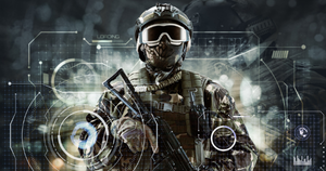 Soldier special forces in glasses with weapons in their hands on a futuristic background. Military concept of the future