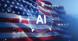 Glowing AI interface with hologram icons over waving U.S. flag, futuristic tech style on digital blue background, concept of U.S. AI intelligence