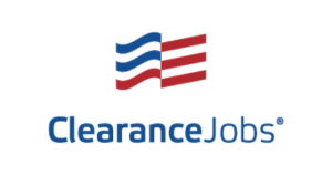 ClearanceJobs logo. Modern U.S. flag concept with blue and red waves accompanied by a stylized version of the text, "ClearanceJobs."