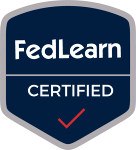 Dark blue shield with text, "FedLearn CERTIFIED," and a red check mark